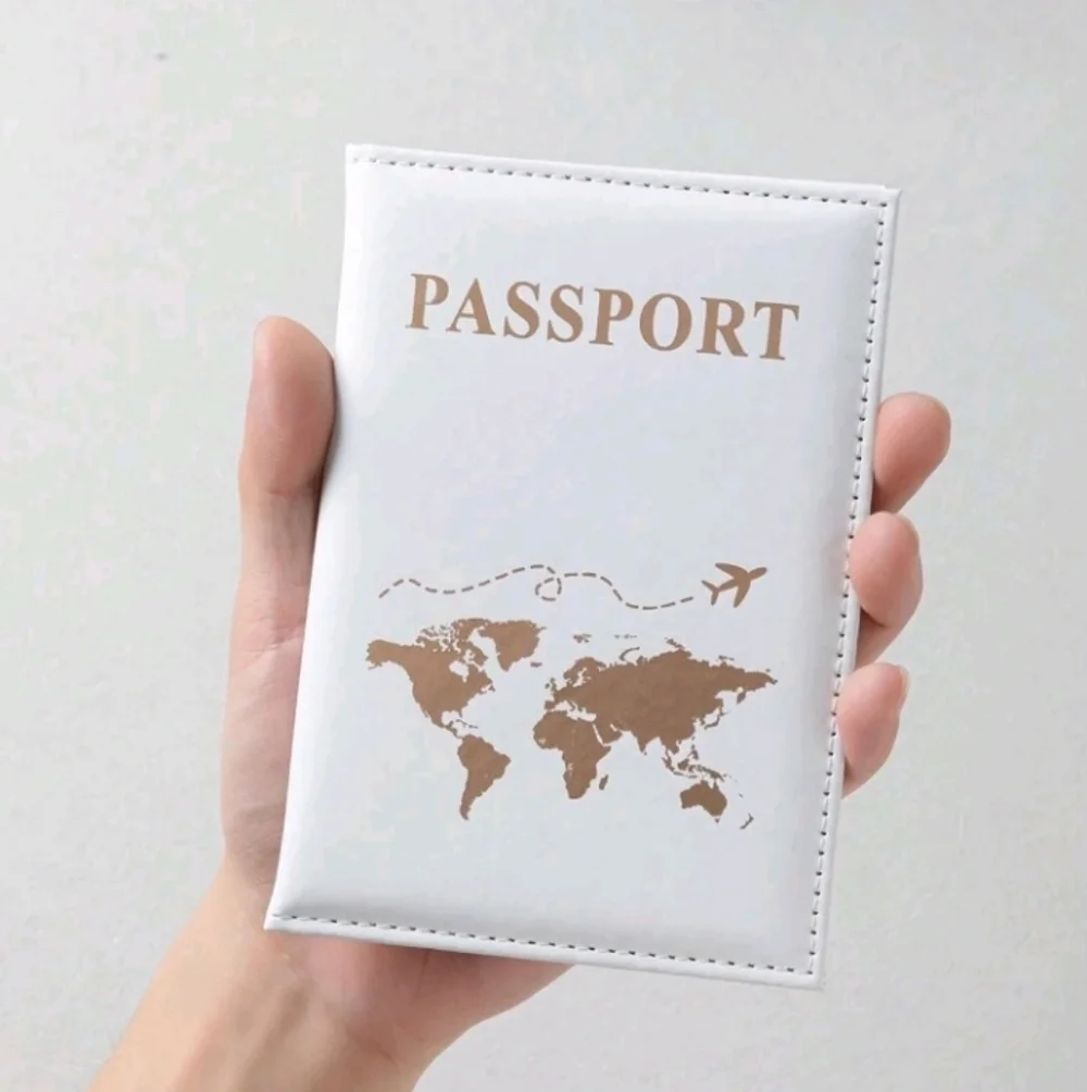 White and Gold Passport Holder Cover With World Map Airplane Design
